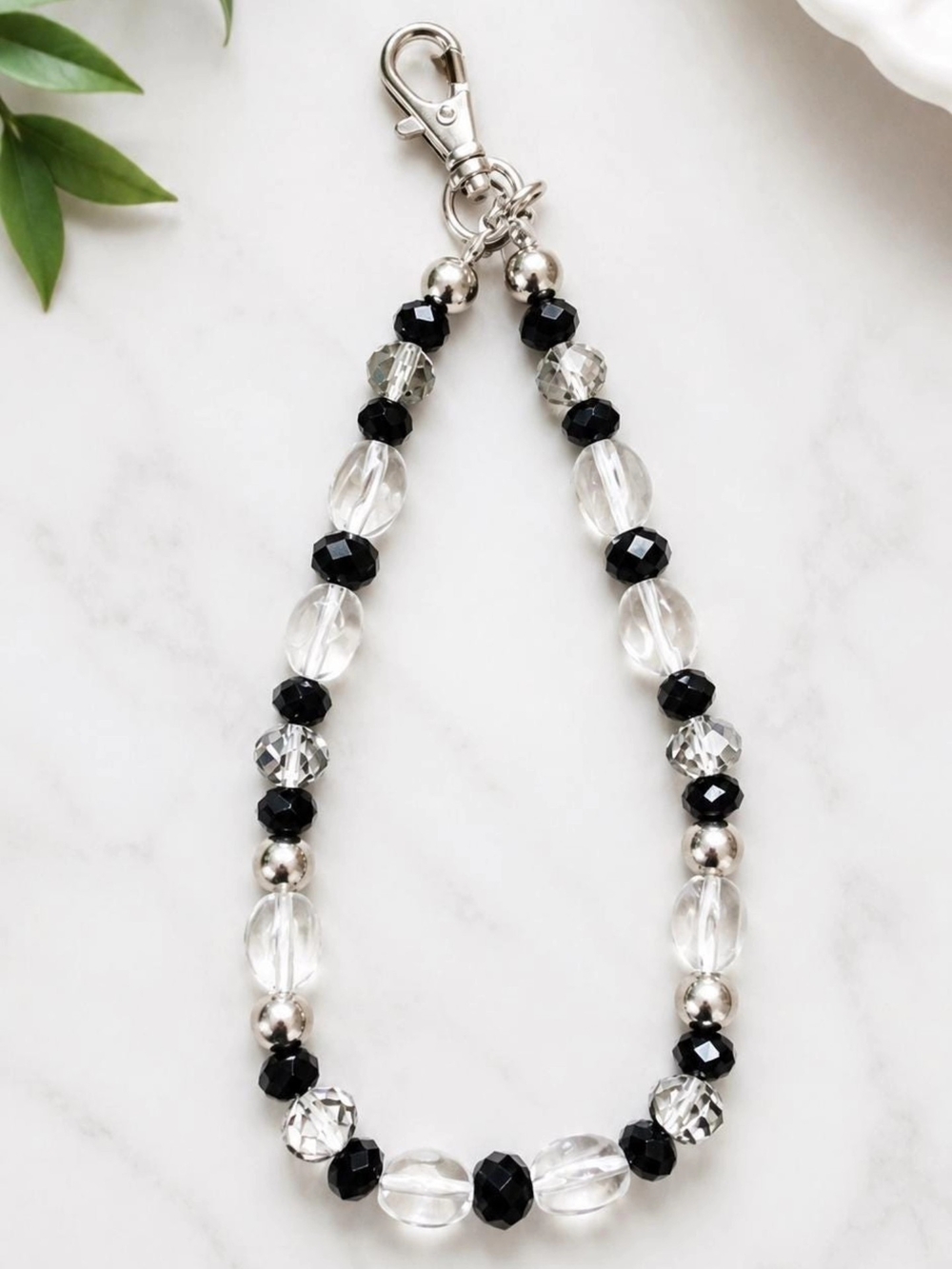 Handmade Clear and Black Beaded Wristlet Keychain